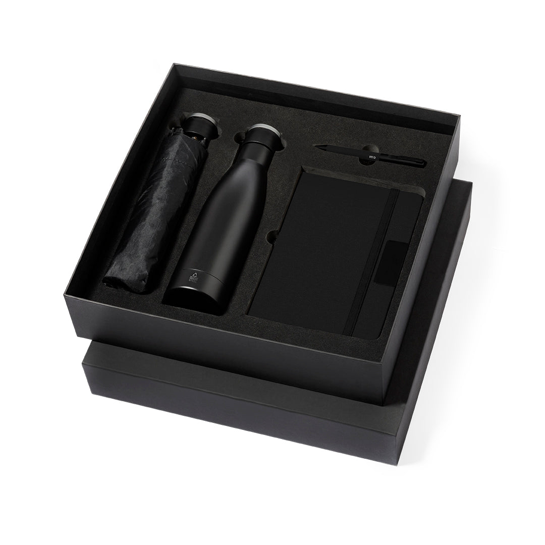 Eco Premium Set mit Thermoskanne, RPET-Notizblock, faltbarem Regenschirm und Kugelschreiber in mattschwarzem Design.