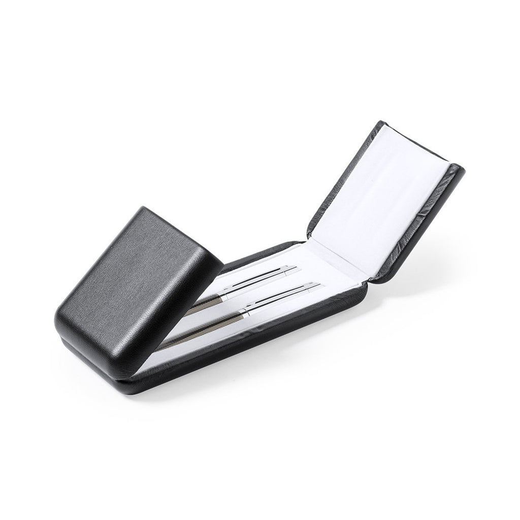 Metall-Schreibset in Schwarz-Chrom mit Kugelschreiber, Rollerpen und PU-Etui mit weißer Wildleder-Auskleidung