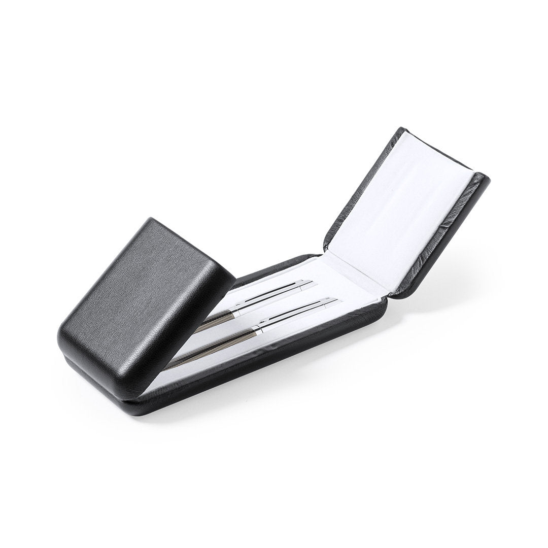 Metall-Schreibset in Schwarz-Chrom mit Kugelschreiber, Rollerpen und PU-Etui mit weißer Wildleder-Auskleidung