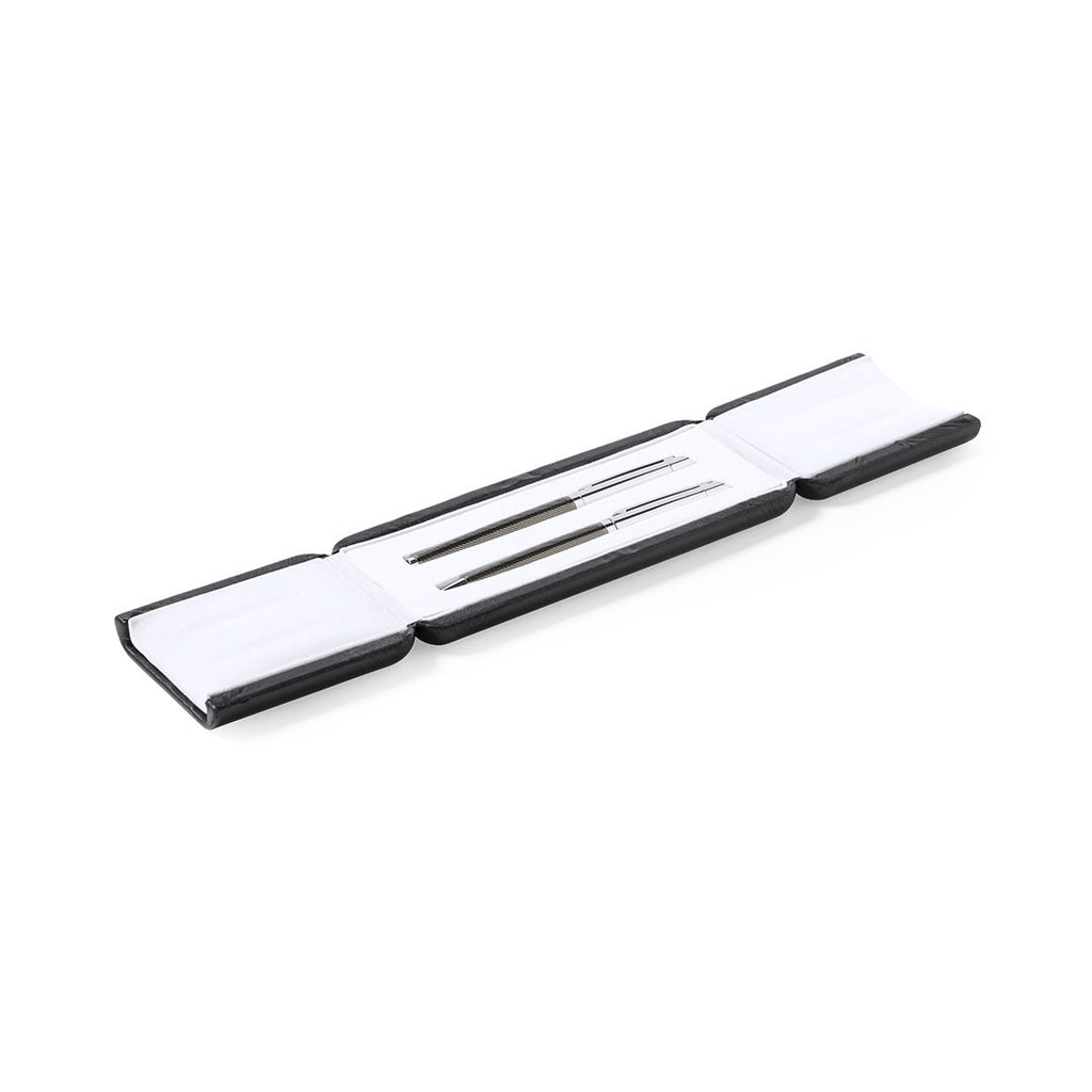 Metall-Schreibset in Schwarz-Chrom mit Kugelschreiber, Rollerpen und PU-Etui mit weißer Wildleder-Auskleidung
