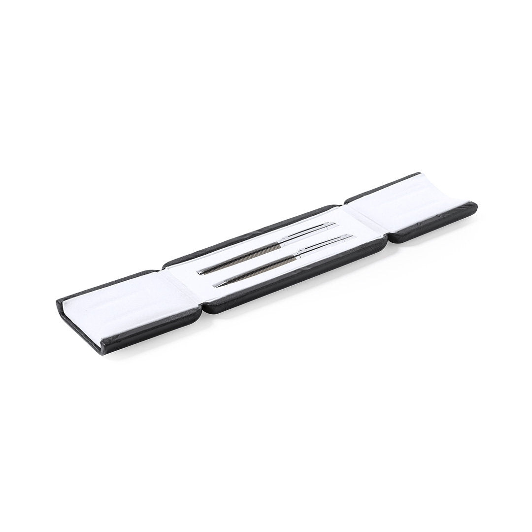 Metall-Schreibset in Schwarz-Chrom mit Kugelschreiber, Rollerpen und PU-Etui mit weißer Wildleder-Auskleidung