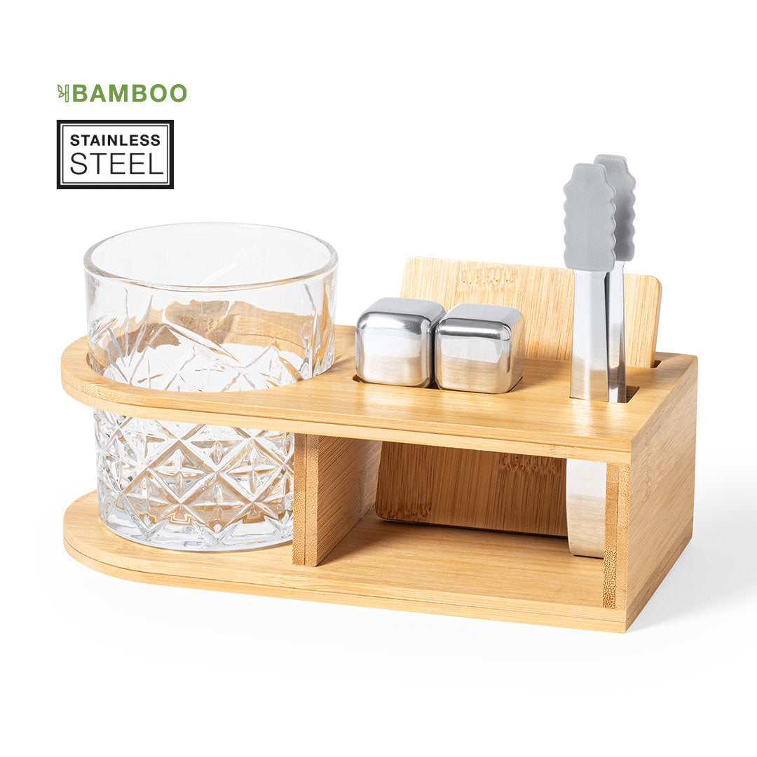 Whisky-Set mit 350-ml-Glas, Edelstahl-Eiswürfeln, Bambus-Untersetzer und Bambus-Ständer