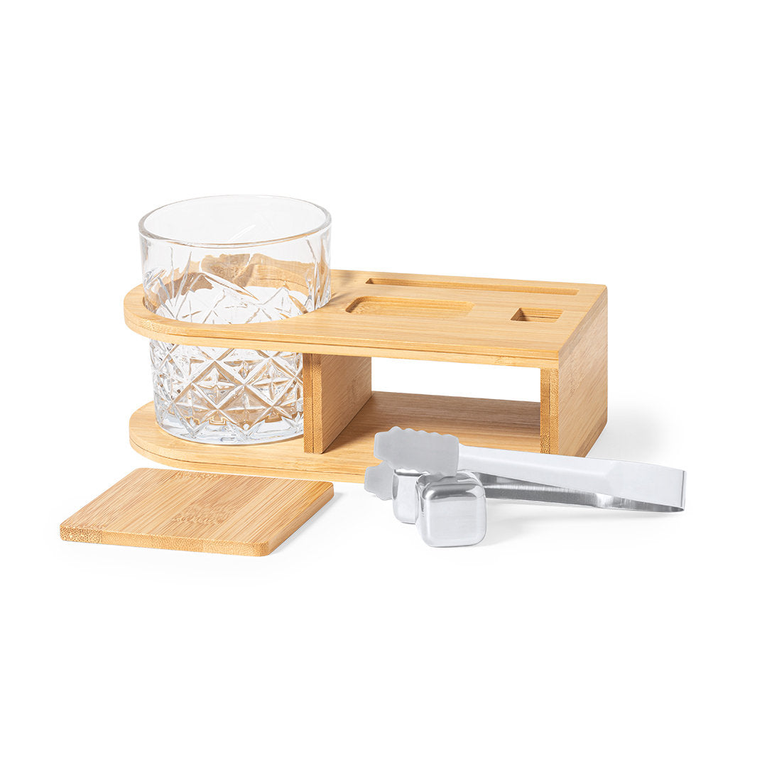 Whisky-Set mit 350-ml-Glas, Edelstahl-Eiswürfeln, Bambus-Untersetzer und Bambus-Ständer