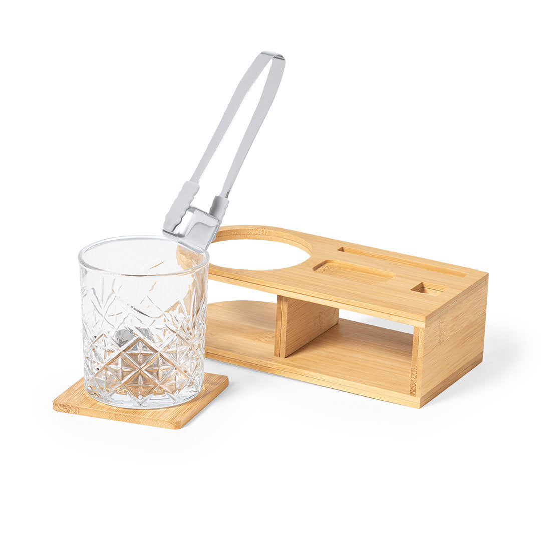 Whisky-Set mit 350-ml-Glas, Edelstahl-Eiswürfeln, Bambus-Untersetzer und Bambus-Ständer