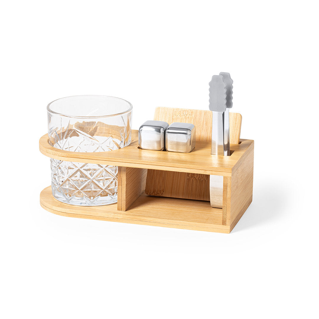 Whisky-Set mit 350-ml-Glas, Edelstahl-Eiswürfeln, Bambus-Untersetzer und Bambus-Ständer