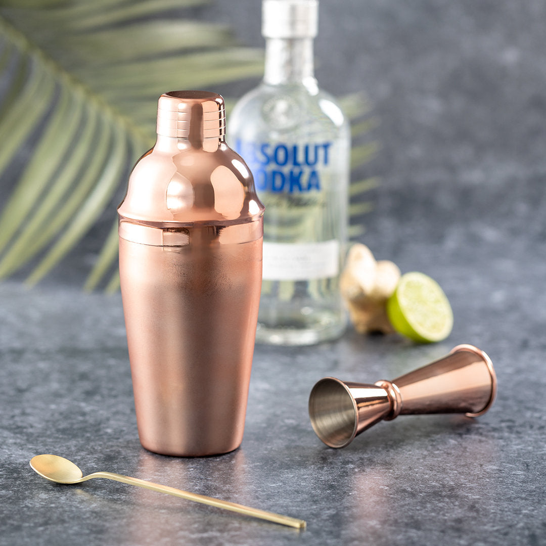 Copper Mixology Shaker aus rostfreiem Stahl mit verzinkter Kupferbeschichtung.