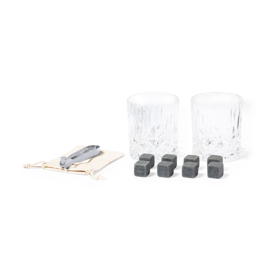 Whisky-Set mit zwei Gläsern, Naturstein-Eiswürfeln, Edelstahl-Zange und Bambus-Etui