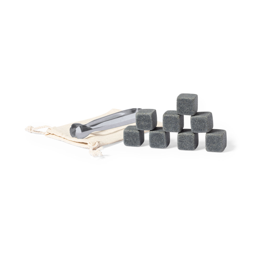 Whisky-Set mit zwei Gläsern, Naturstein-Eiswürfeln, Edelstahl-Zange und Bambus-Etui
