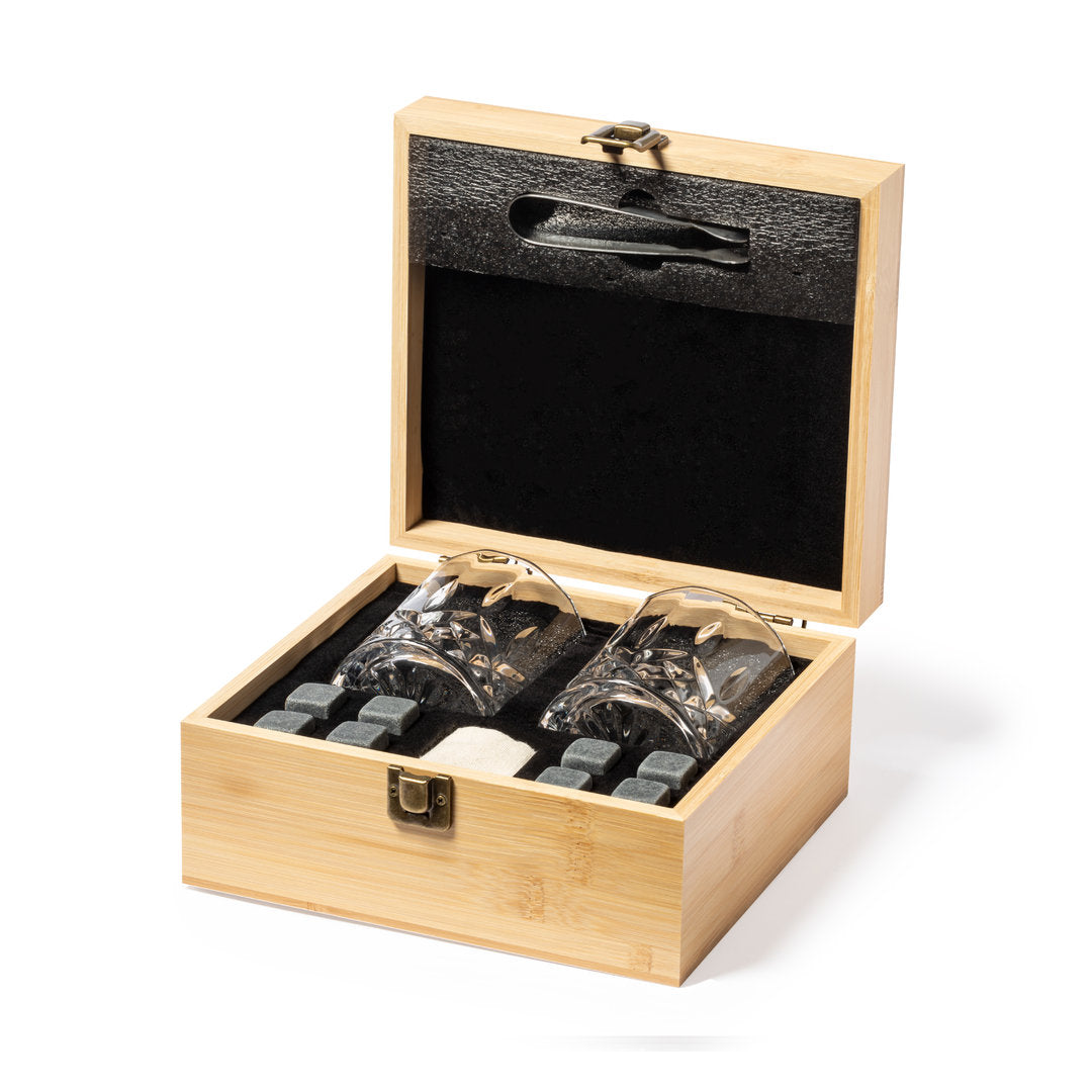 Whisky-Set mit zwei Gläsern, Naturstein-Eiswürfeln, Edelstahl-Zange und Bambus-Etui