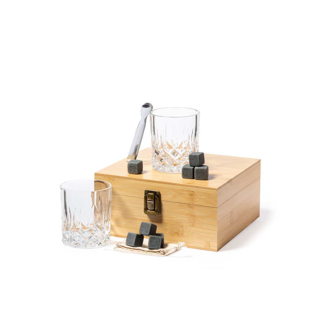 Whisky-Set mit zwei Gläsern, Naturstein-Eiswürfeln, Edelstahl-Zange und Bambus-Etui