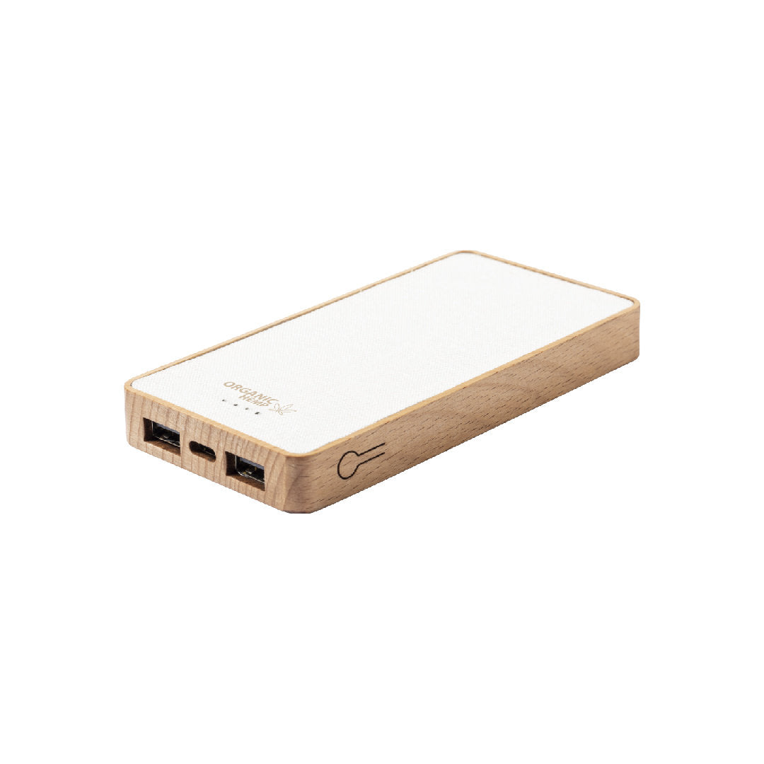 Externe Powerbank aus Hanf und Holz mit 8000 mAh, LED-Anzeige, USB- und Typ-C-Anschlüssen