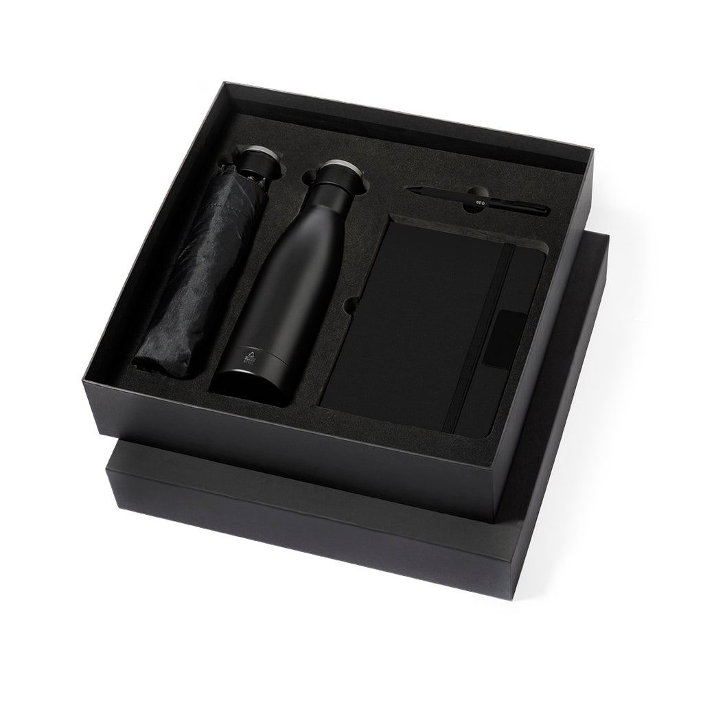 Eco Premium Set mit Thermoskanne, RPET-Notizblock, faltbarem Regenschirm und Kugelschreiber in mattschwarzem Design.