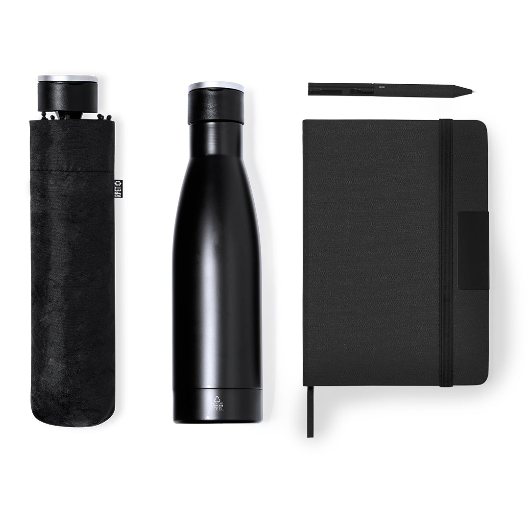 Eco Premium Set mit Thermoskanne, RPET-Notizblock, faltbarem Regenschirm und Kugelschreiber in mattschwarzem Design.