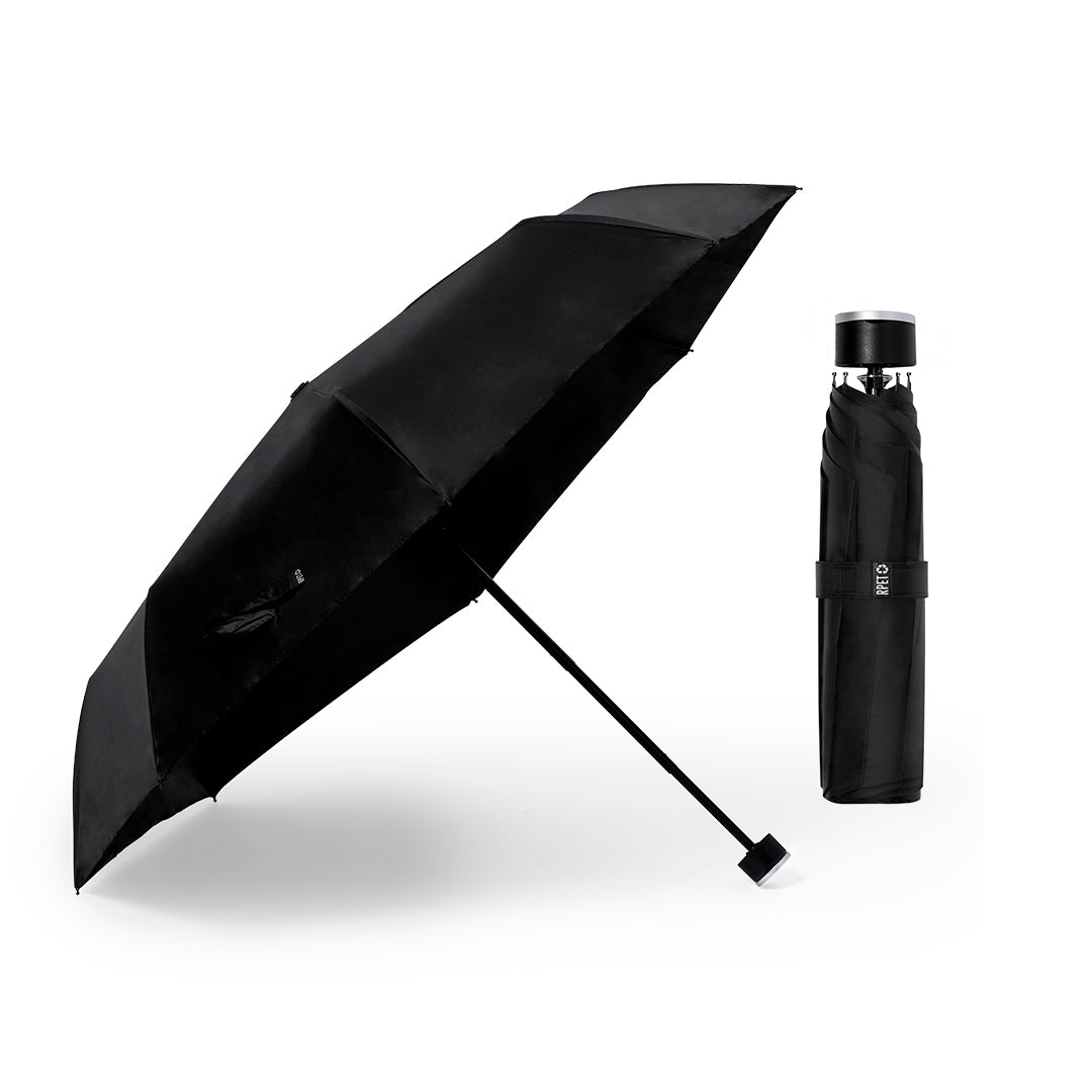 Eco Premium Set mit Thermoskanne, RPET-Notizblock, faltbarem Regenschirm und Kugelschreiber in mattschwarzem Design.