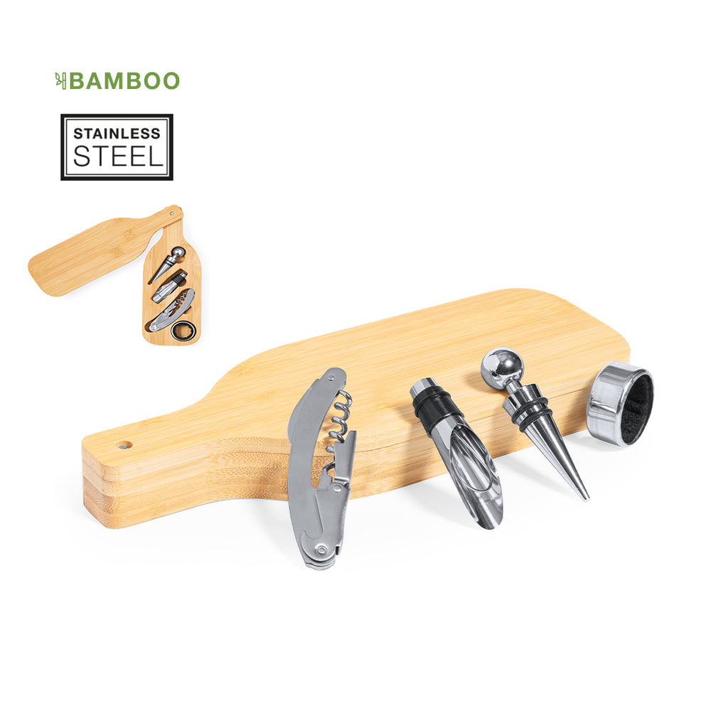 Weinset Bamboo Winecraft mit von Weinflaschen inspirierter Designbox und Edelstahl-Accessoires.