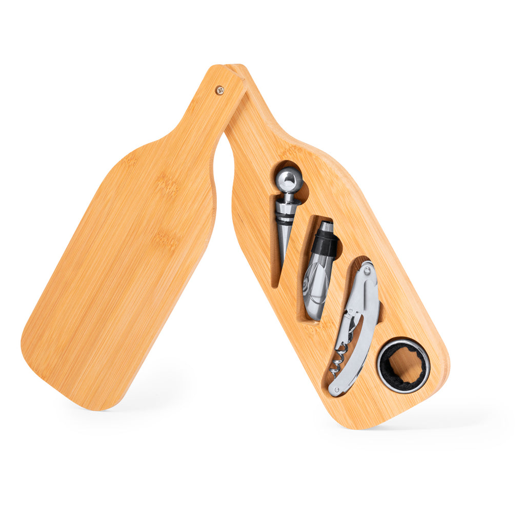 Weinset Bamboo Winecraft mit von Weinflaschen inspirierter Designbox und Edelstahl-Accessoires.