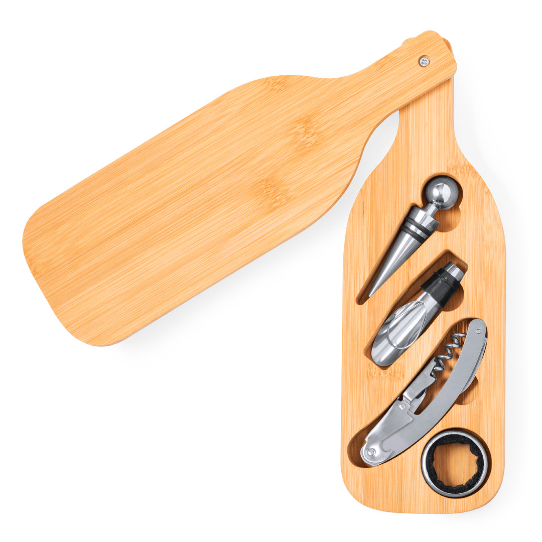 Weinset Bamboo Winecraft mit von Weinflaschen inspirierter Designbox und Edelstahl-Accessoires.
