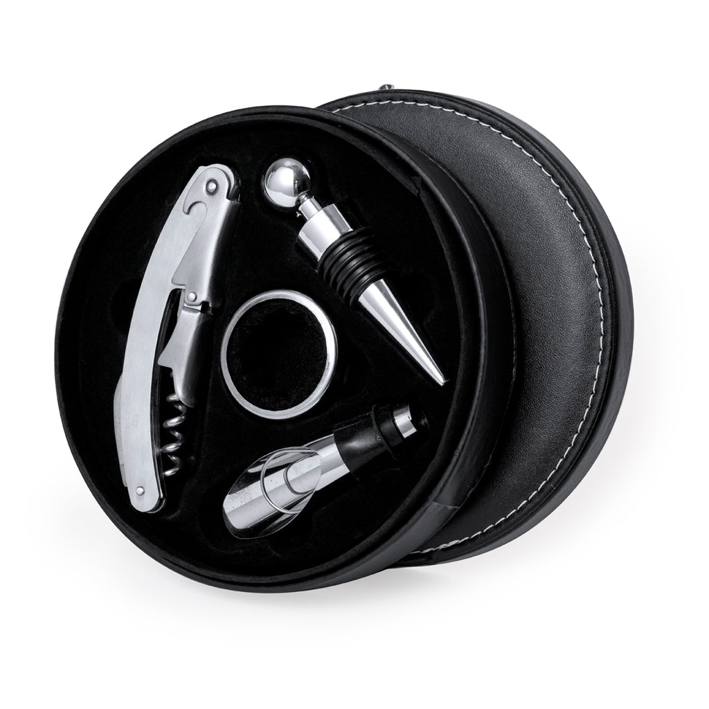 Rundes Weinset Elegance Circlt PU-Leder-Oberfläche und Edelstahl-Accessoires.e mi