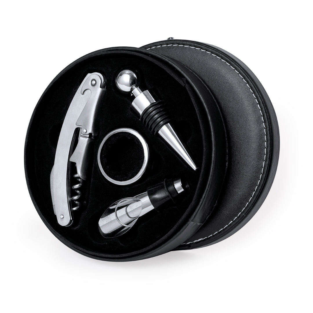 Rundes Weinset Elegance Circlt PU-Leder-Oberfläche und Edelstahl-Accessoires.e mi