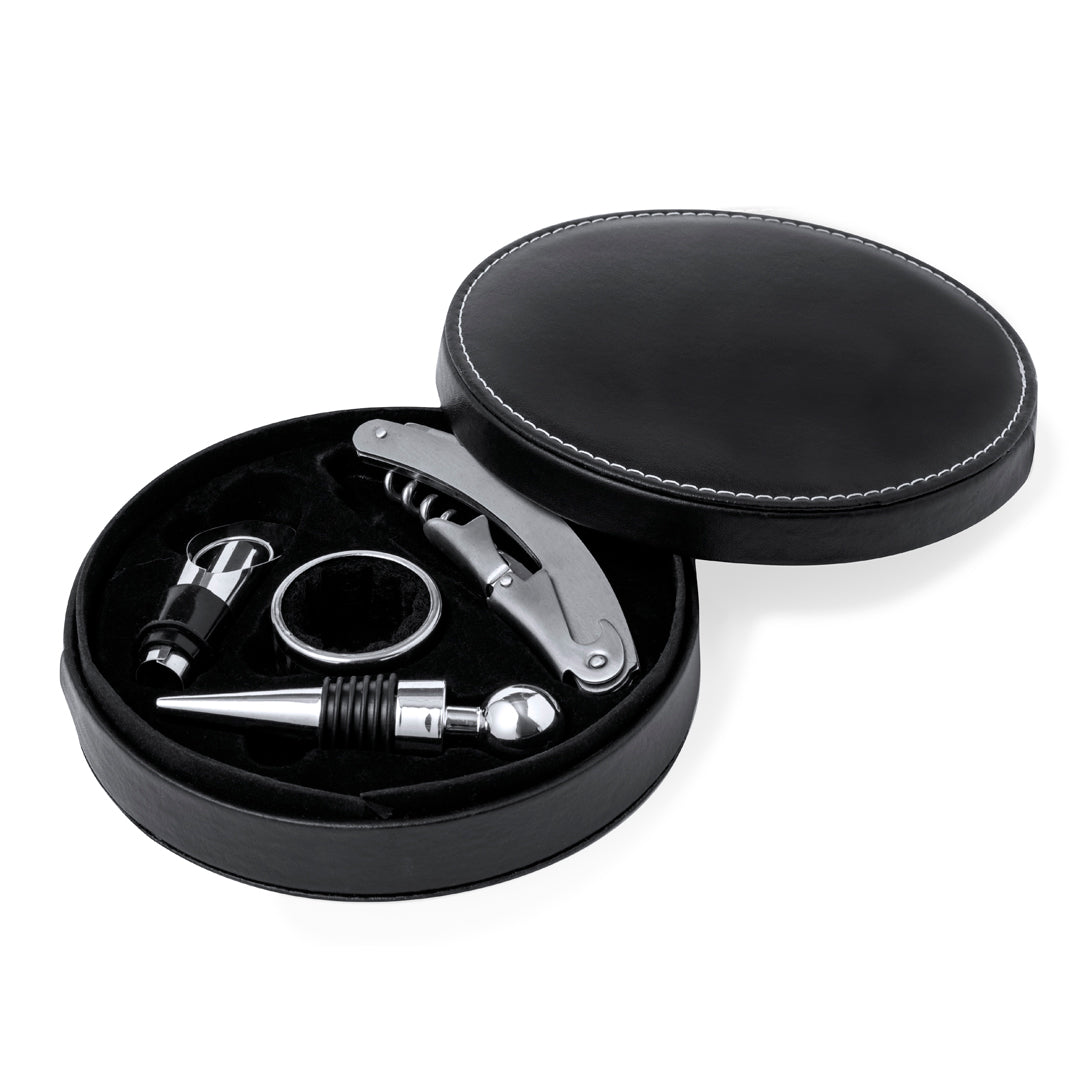 Rundes Weinset Elegance Circlt PU-Leder-Oberfläche und Edelstahl-Accessoires.e mi