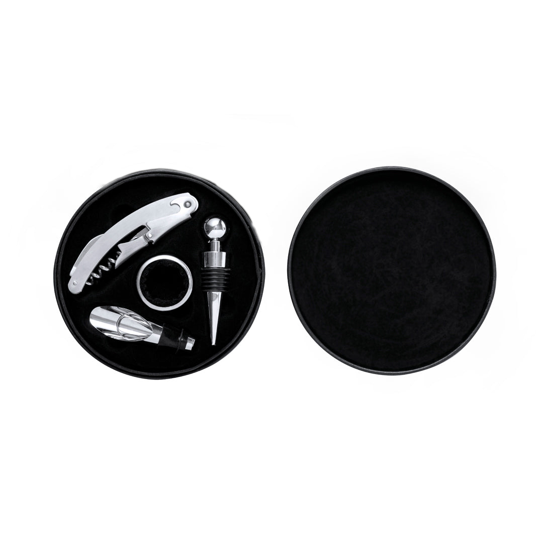Rundes Weinset Elegance Circle mit PU-Leder-Oberfläche und Edelstahl-Accessoires.