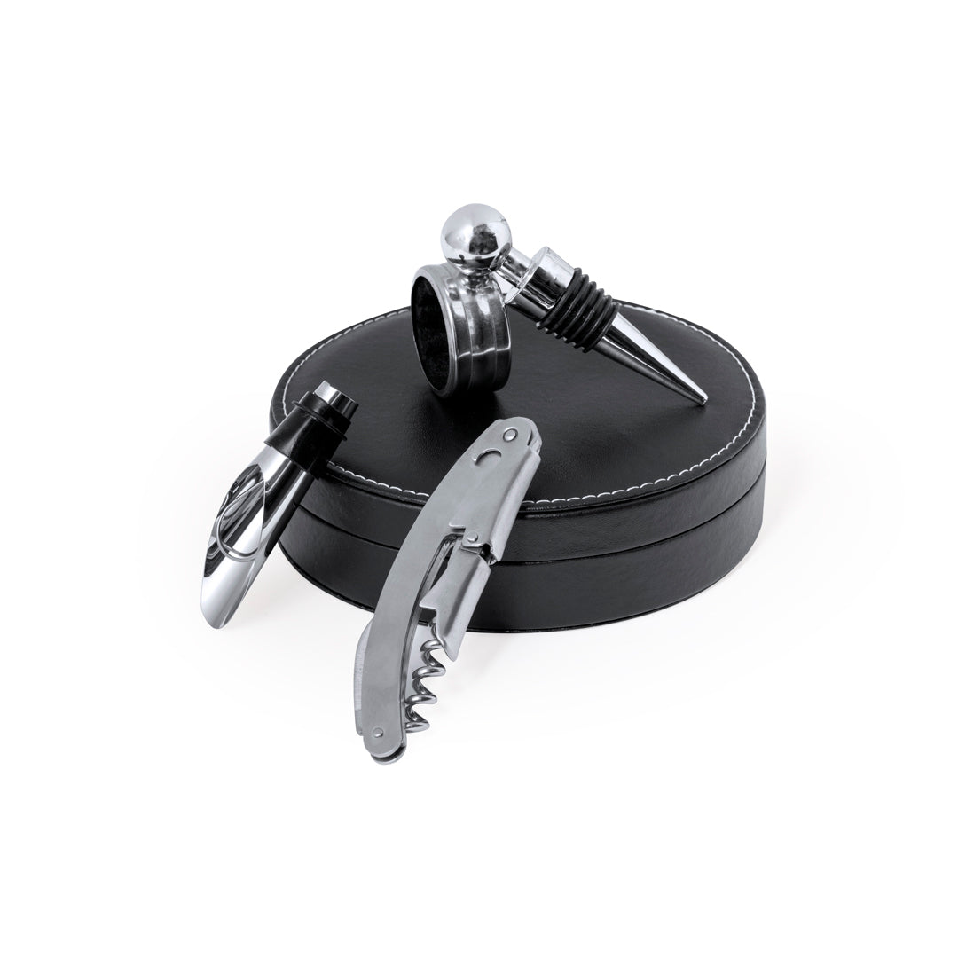 Rundes Weinset Elegance Circlt PU-Leder-Oberfläche und Edelstahl-Accessoires.e mi