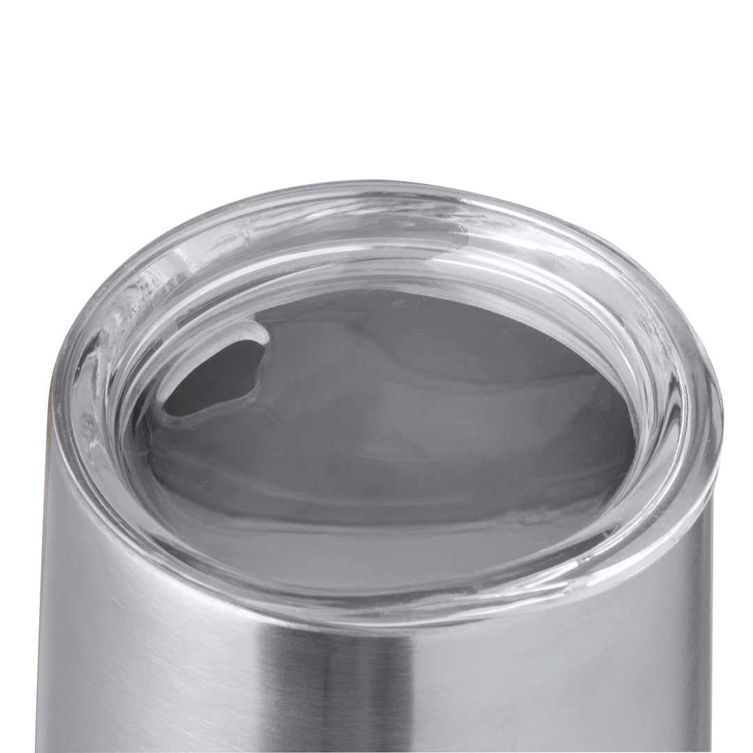 Recycled Mini Steel Thermo Mug mit 340 ml Fassungsvermögen und transparentem Deckel.