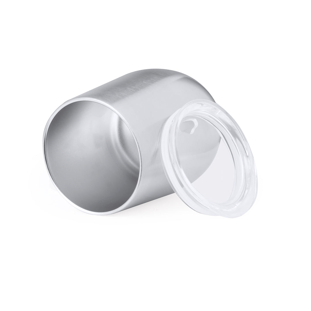 Recycled Mini Steel Thermo Mug mit 340 ml Fassungsvermögen und transparentem Deckel.