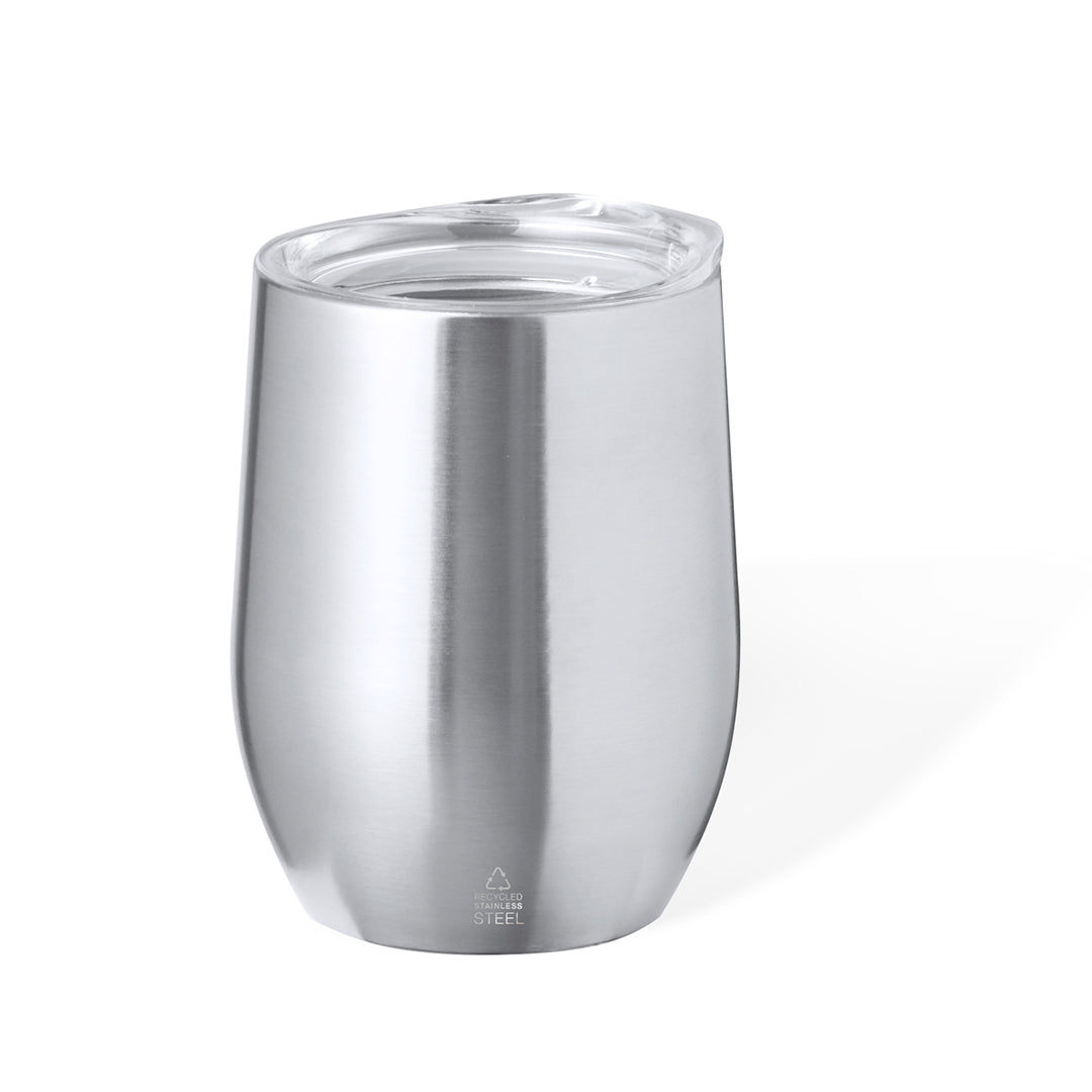 Recycled Mini Steel Thermo Mug mit 340 ml Fassungsvermögen und transparentem Deckel.