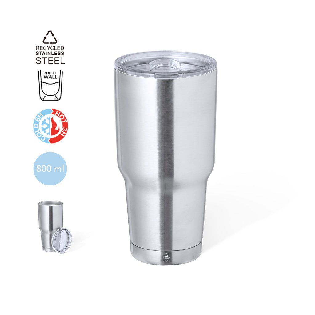 Edelstahl-Thermobecher Recycled Steel Thermo Mug mit 800 ml Fassungsvermögen und BPA-freiem Spender.