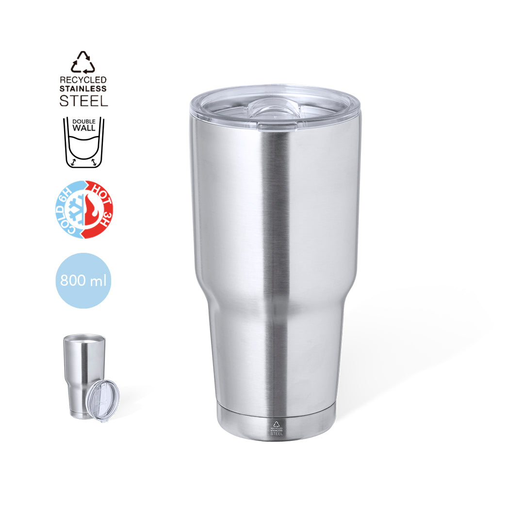 Edelstahl-Thermobecher Recycled Steel Thermo Mug mit 800 ml Fassungsvermögen und BPA-freiem Spender.