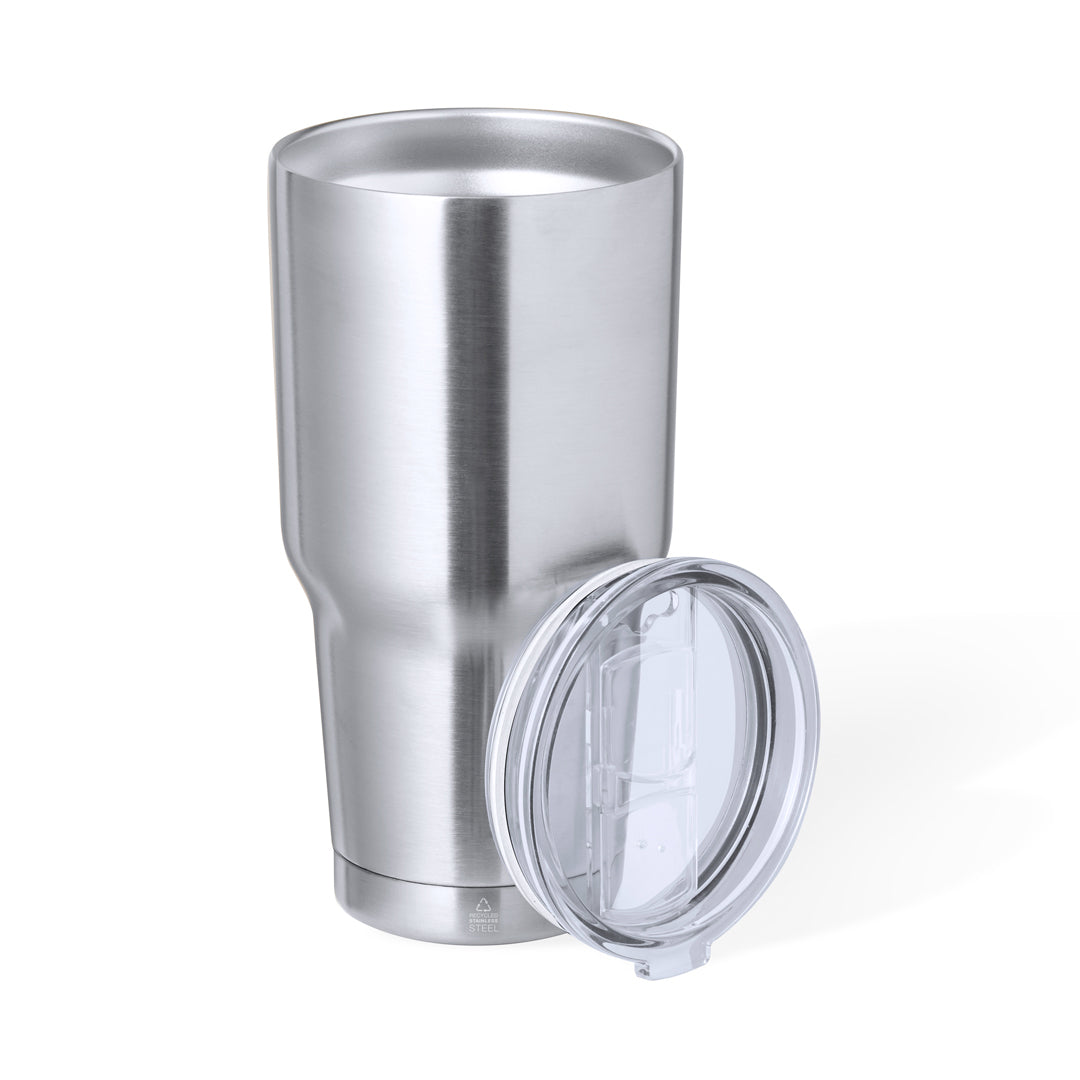 Edelstahl-Thermobecher Recycled Steel Thermo Mug mit 800 ml Fassungsvermögen und BPA-freiem Spender.