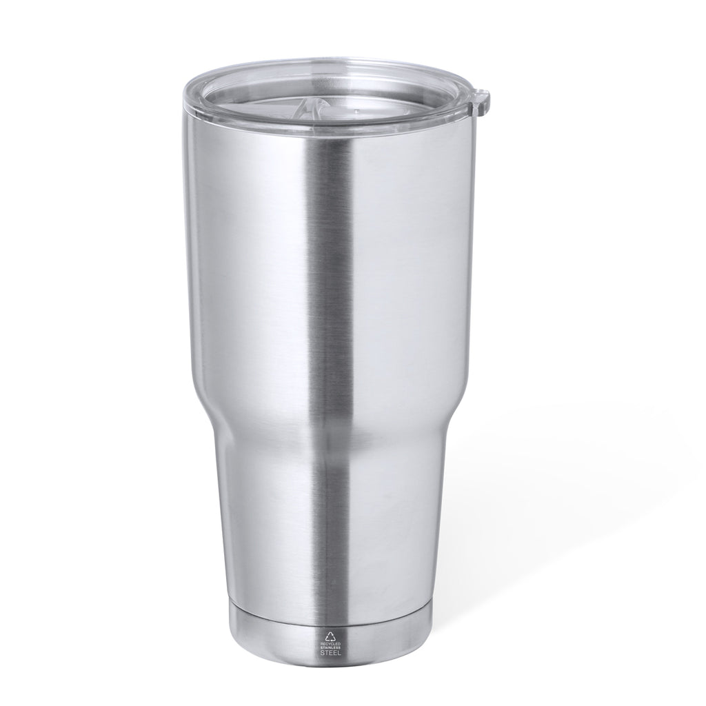 Edelstahl-Thermobecher Recycled Steel Thermo Mug mit 800 ml Fassungsvermögen und BPA-freiem Spender.