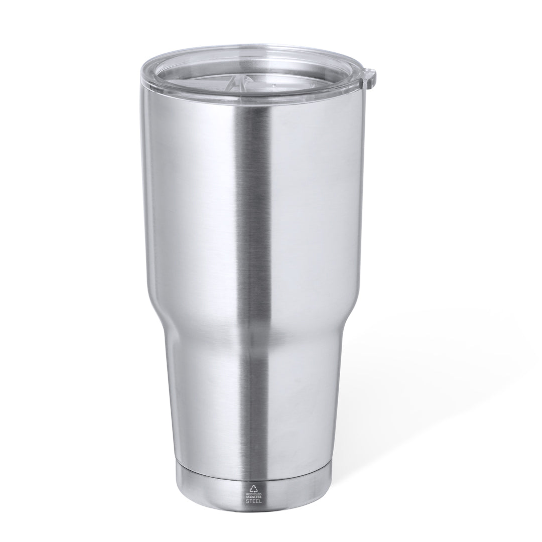 Edelstahl-Thermobecher Recycled Steel Thermo Mug mit 800 ml Fassungsvermögen und BPA-freiem Spender.