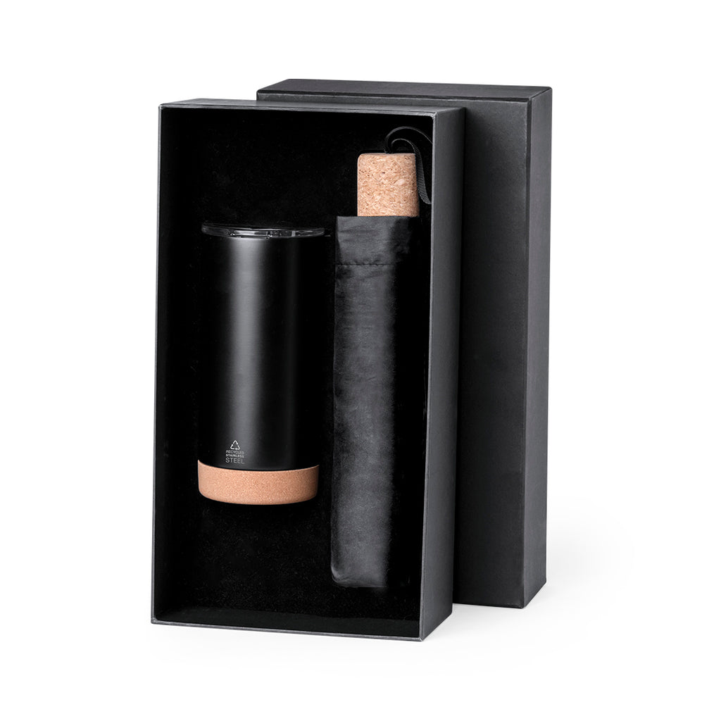 Elegant Eco Premium Set mit Thermobecher und faltbarem Regenschirm in mattem Design.