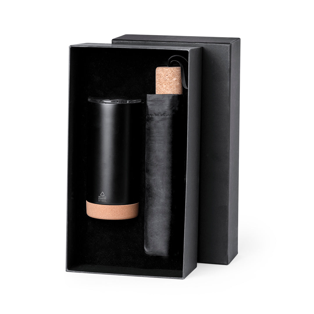 Elegant Eco Premium Set mit Thermobecher und faltbarem Regenschirm in mattem Design.