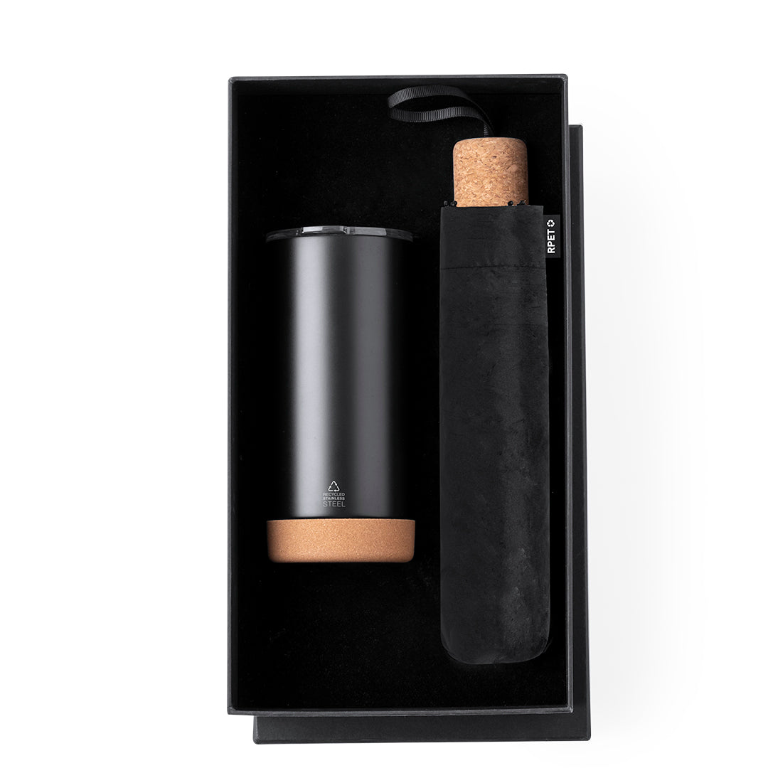 Elegant Eco Premium Set mit Thermobecher und faltbarem Regenschirm in mattem Design.