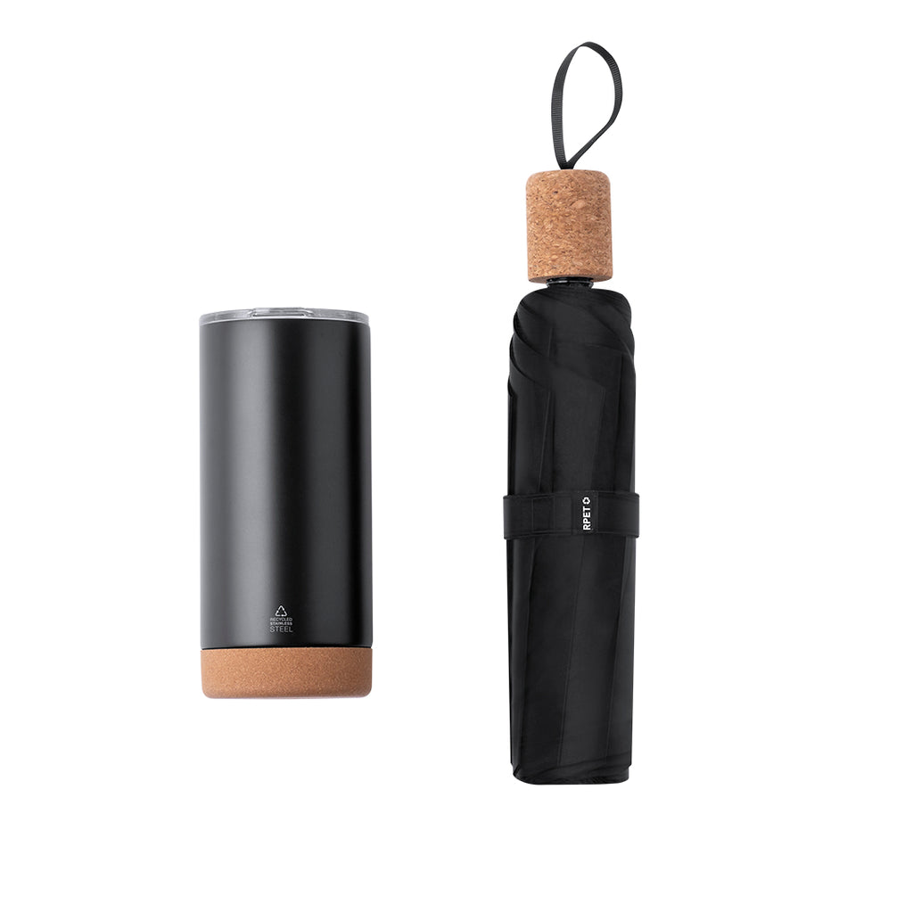 Elegant Eco Premium Set mit Thermobecher und faltbarem Regenschirm in mattem Design.