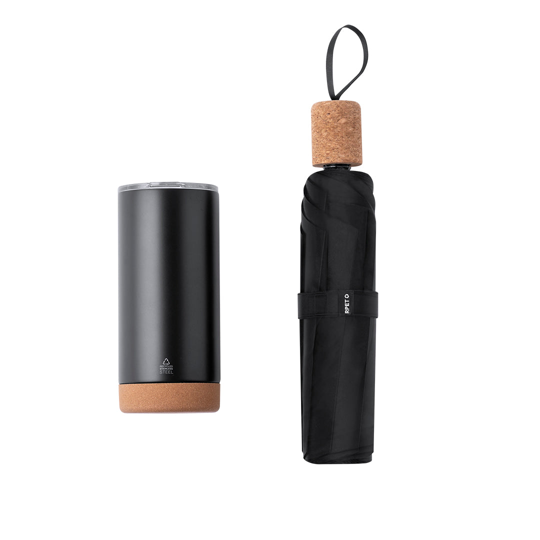 Elegant Eco Premium Set mit Thermobecher und faltbarem Regenschirm in mattem Design.