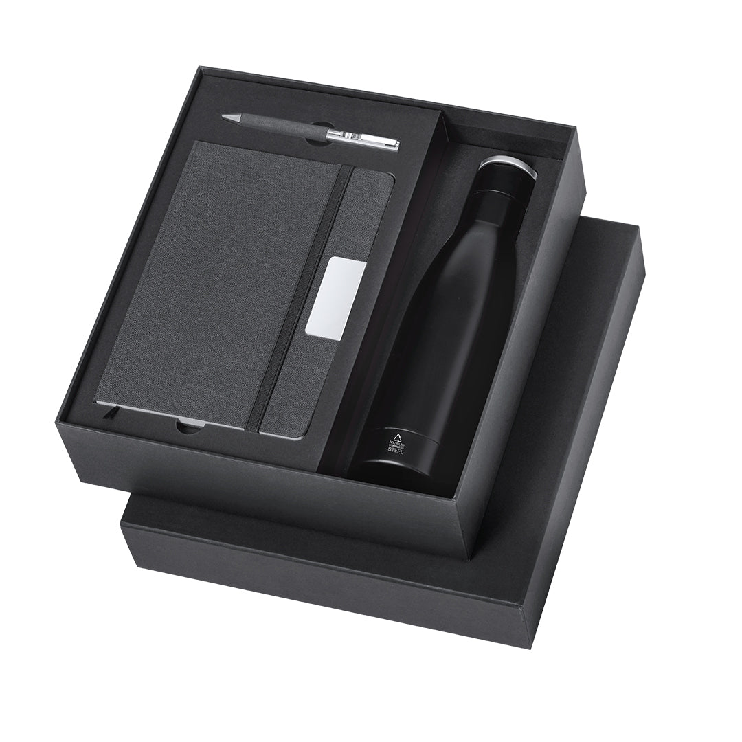 Eco Elite Premium Set mit Thermoskanne, Notizblock und Kugelschreiber in einer matten Box.
