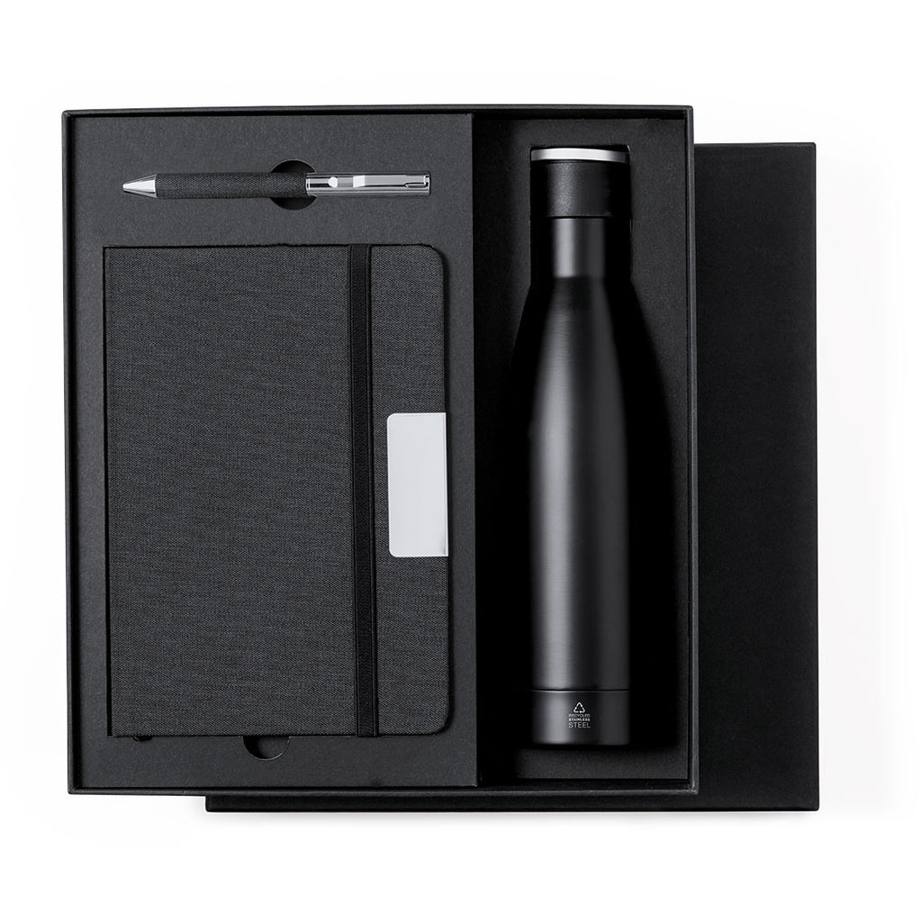 Eco Elite Premium Set mit Thermoskanne, Notizblock und Kugelschreiber in einer matten Box.