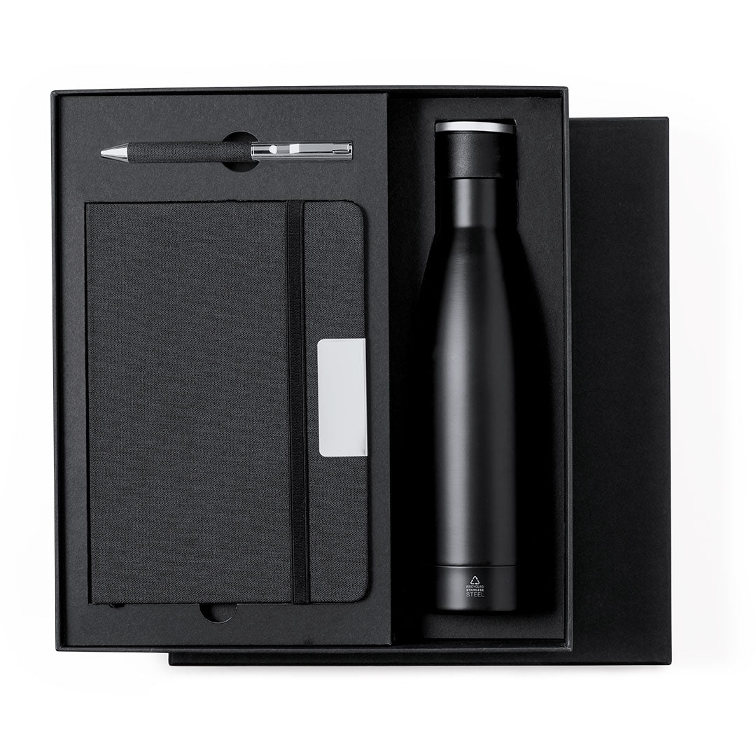 Eco Elite Premium Set mit Thermoskanne, Notizblock und Kugelschreiber in einer matten Box.