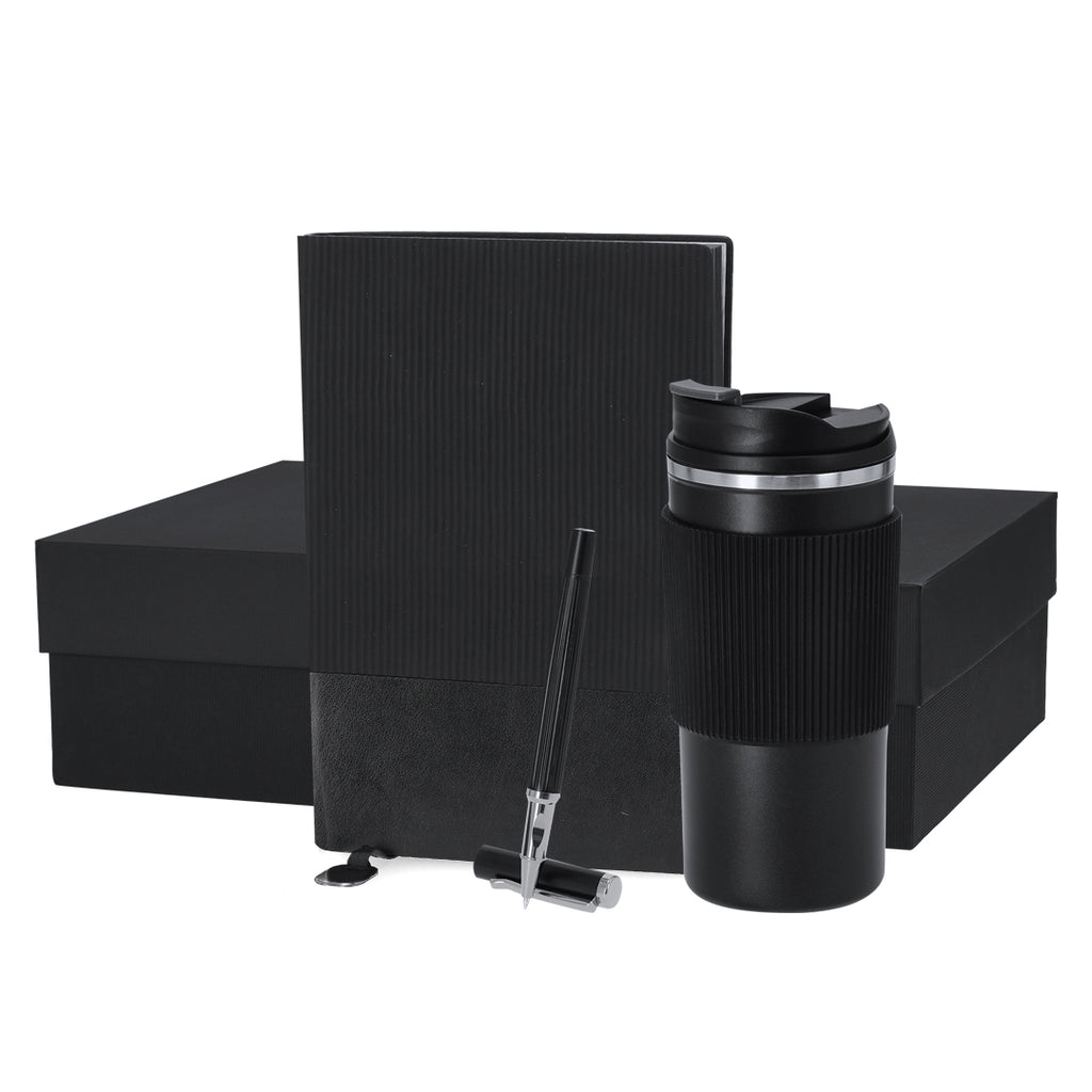 Elegant Black Premium Set mit Thermobecher, Notizbuch und Rollerpen in mattschwarzer Box.