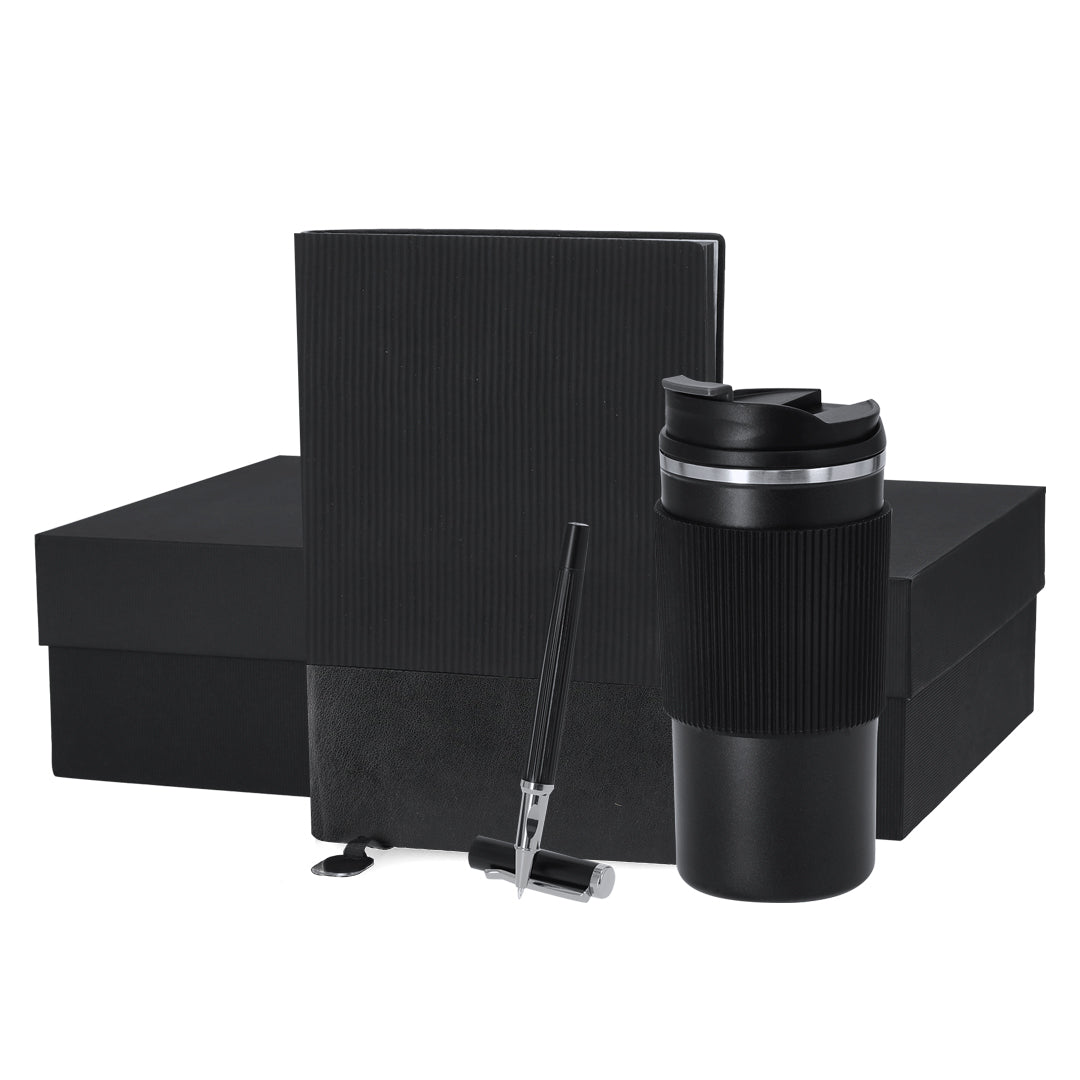 Elegant Black Premium Set mit Thermobecher, Notizbuch und Rollerpen in mattschwarzer Box.