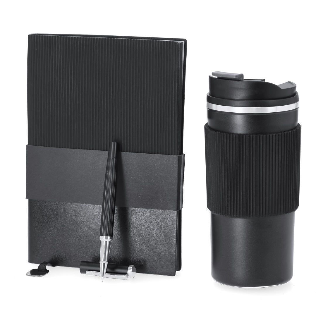 Elegant Black Premium Set mit Thermobecher, Notizbuch und Rollerpen in mattschwarzer Box.