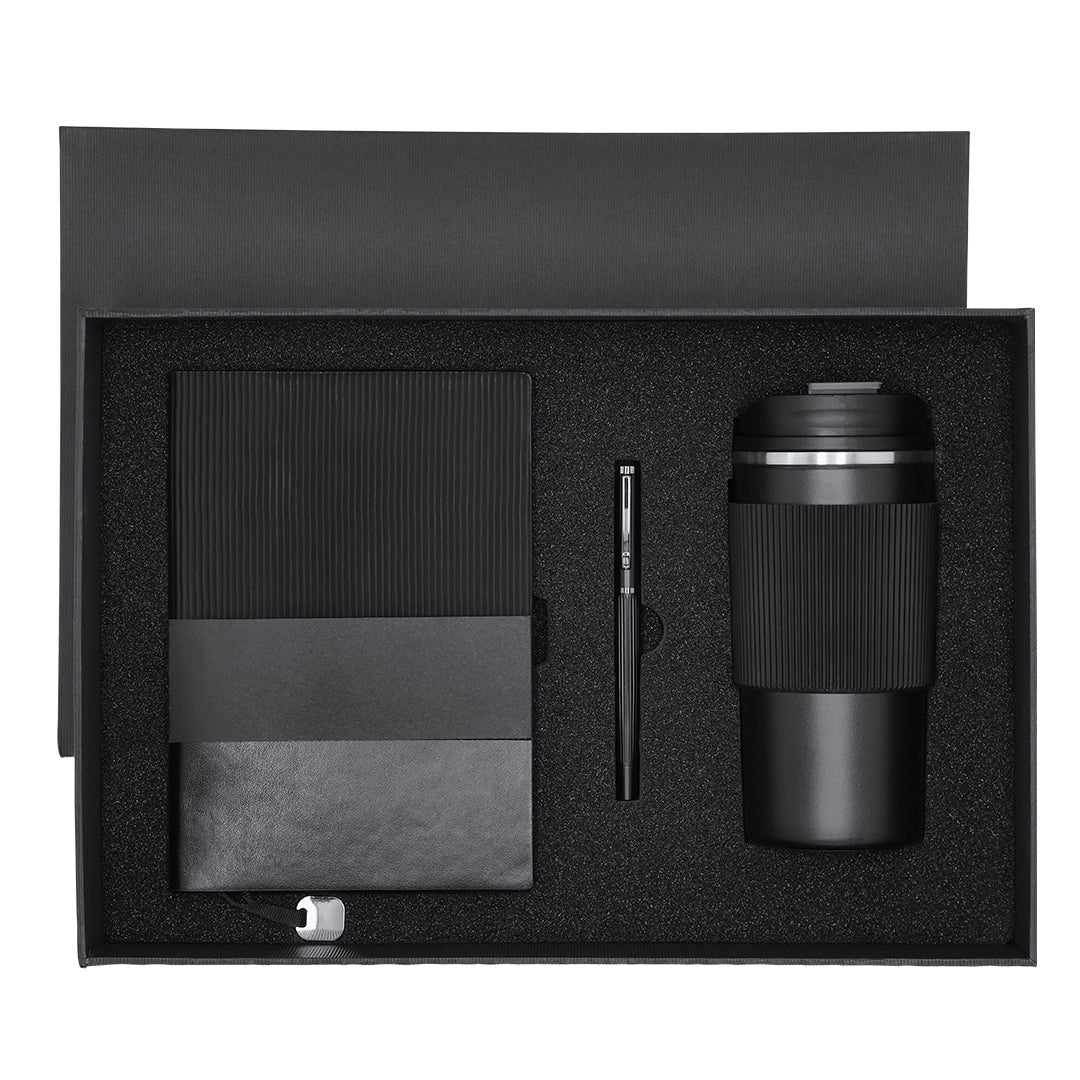 Elegant Black Premium Set mit Thermobecher, Notizbuch und Rollerpen in mattschwarzer Box.