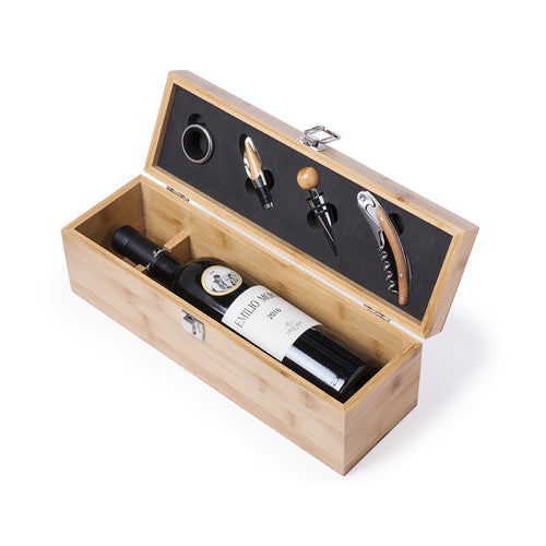 Premium-Wein-Set Bamboo Sommelier Deluxe mit handgefertigter Bambus-Box und Edelstahl-Accessoires