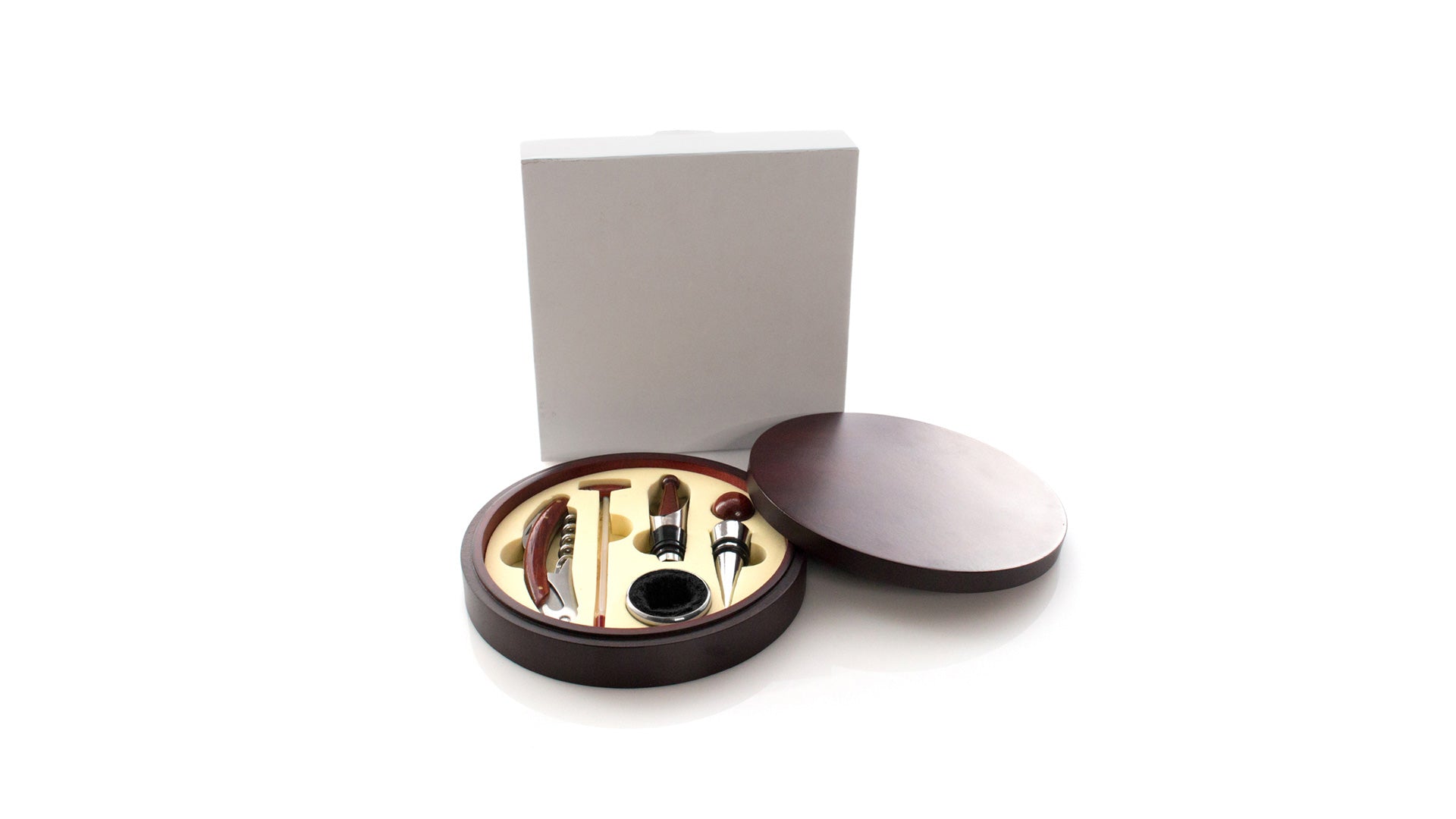 Rundes Wein-Set Nature's Circle mit Accessoires aus Edelstahl und Holz in einer edlen Naturholz-Box.