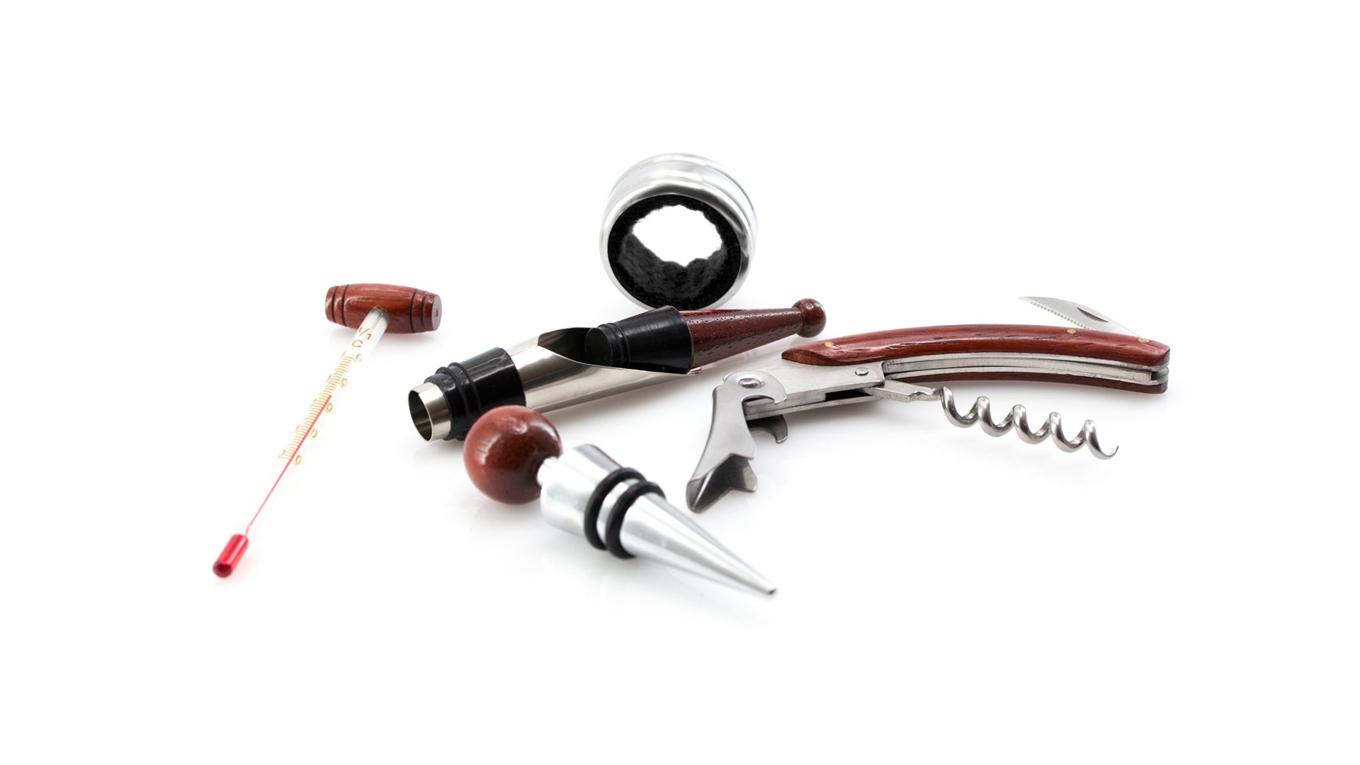 Rundes Wein-Set Nature's Circle mit Accessoires aus Edelstahl und Holz in einer edlen Naturholz-Box.