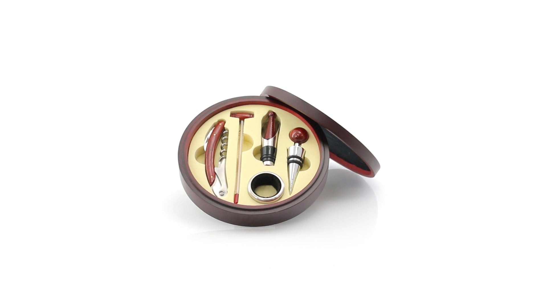 Rundes Wein-Set Nature's Circle mit Accessoires aus Edelstahl und Holz in einer edlen Naturholz-Box.